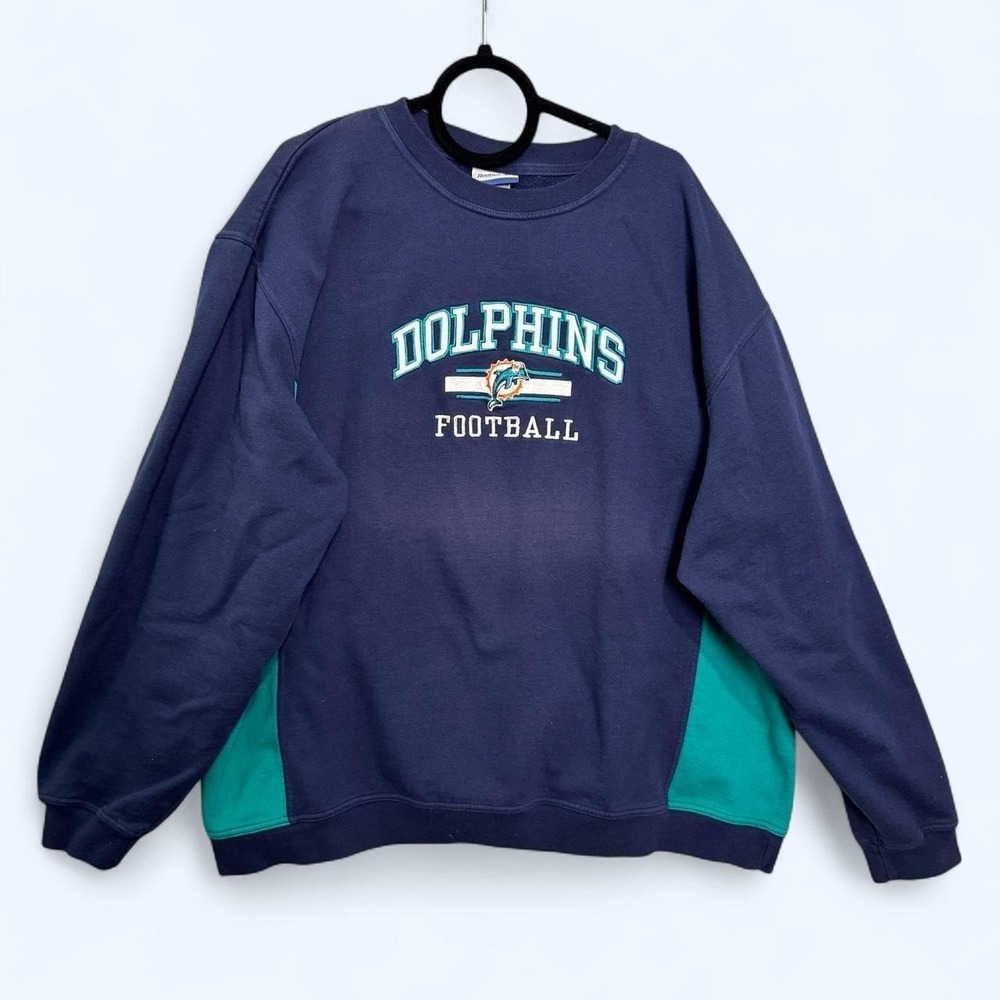 Vintage Reebok Men's Sweatshirt 2XL Miami Dolphins NFL Navy Teal Embroidery Crew